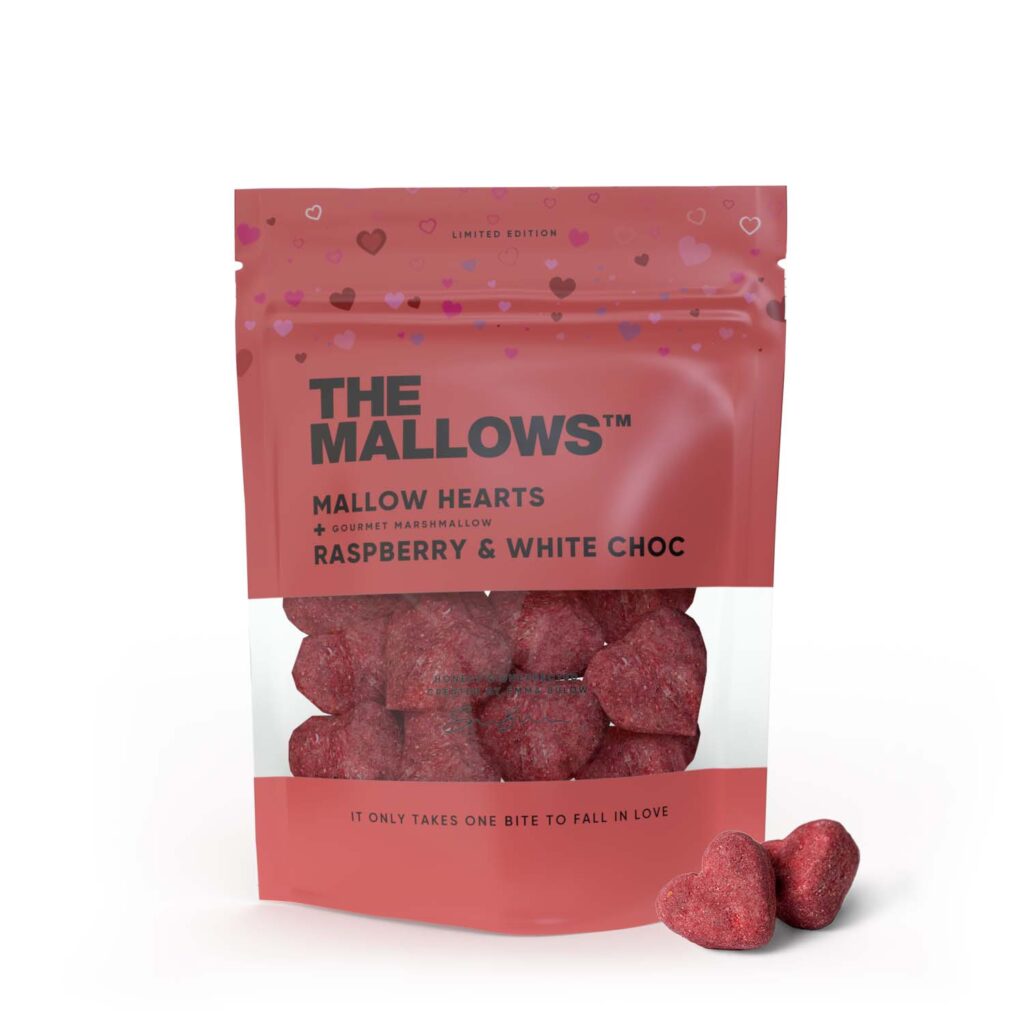 The Mallows Vahukommid Mallow Hearts – Raspberry & White Choc